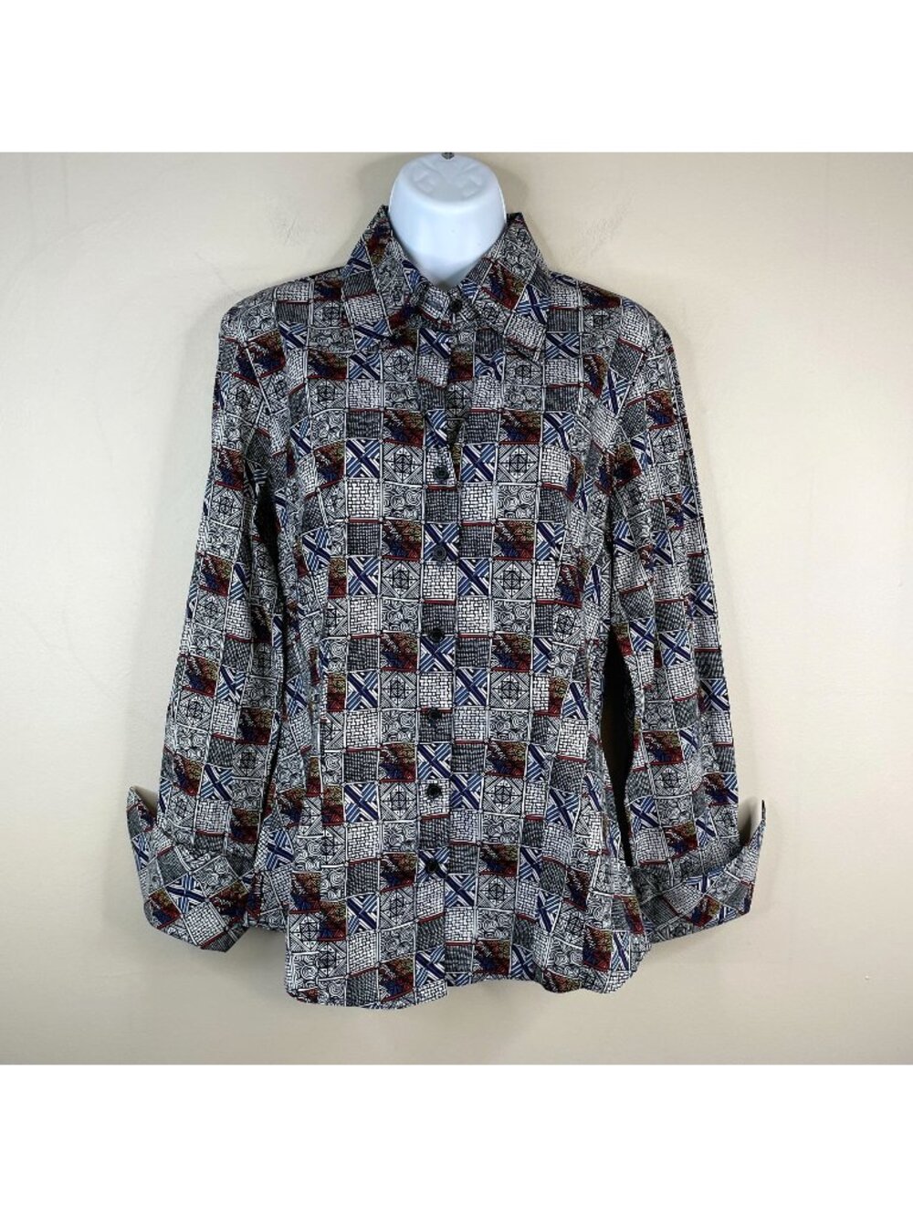 Vintage Finley Top Medium Designer Art To Wear Button Up Mixed All‎ Over Print